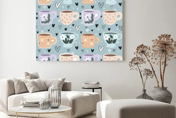 Obraz: Seamless pattern with cartoon cups, decor elements. hand drawing.