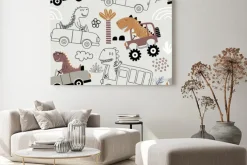 Obraz: Seamless pattern with cute dinosaur driving cars.