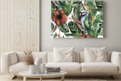 Obraz: Seamless watercolor pattern with hibiscus, palm leaves, branch