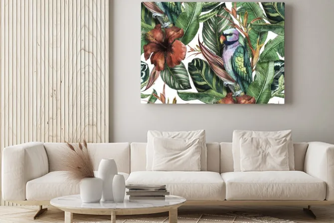 Obraz: Seamless watercolor pattern with hibiscus, palm leaves, branch