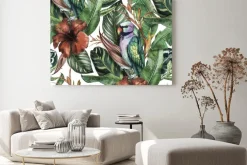 Obraz: Seamless watercolor pattern with hibiscus, palm leaves, branch