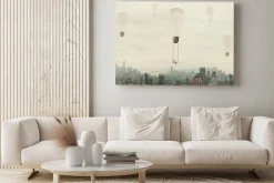 Obraz: Surreal moment of a woman traveling on a swing carried by a light