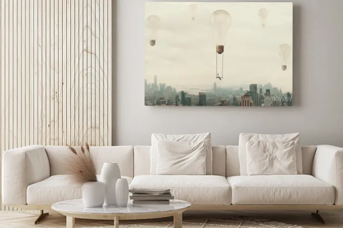 Obraz: Surreal moment of a woman traveling on a swing carried by a light