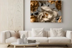 Obraz: Sztuka wzór kwiatowy wzór z piwonie białe i złote na szarym tle