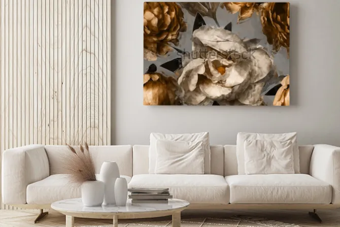 Obraz: Sztuka wzór kwiatowy wzór z piwonie białe i złote na szarym tle