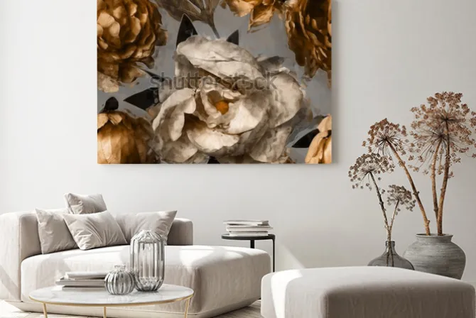 Obraz: Sztuka wzór kwiatowy wzór z piwonie białe i złote na szarym tle