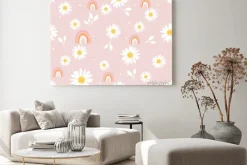 Obraz: Tęcze i stokrotki na różowym pastelowym tle