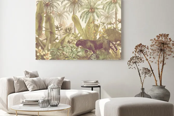 Obraz: Tropical illustration with black panther in the jungle painted