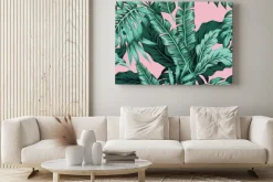 Obraz: Tropikalnych liści zielony bezszwowy różowy tło