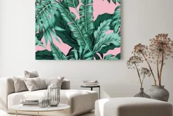 Obraz: Tropikalnych liści zielony bezszwowy różowy tło