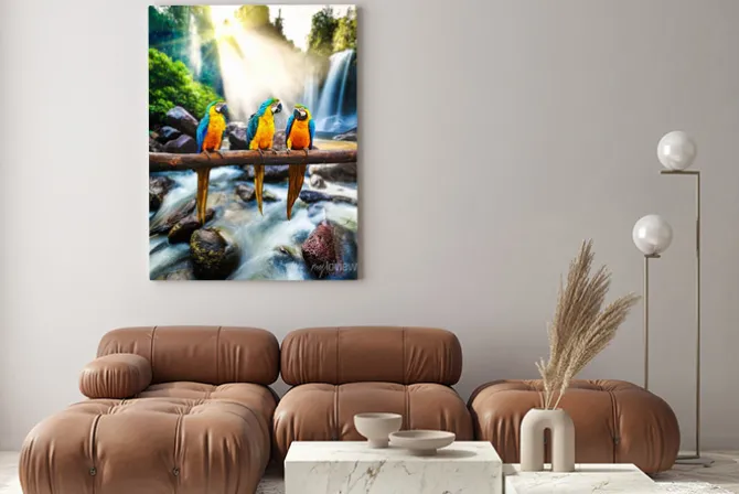 Obraz: Trzy ary na gałęzi na tle wodospadu