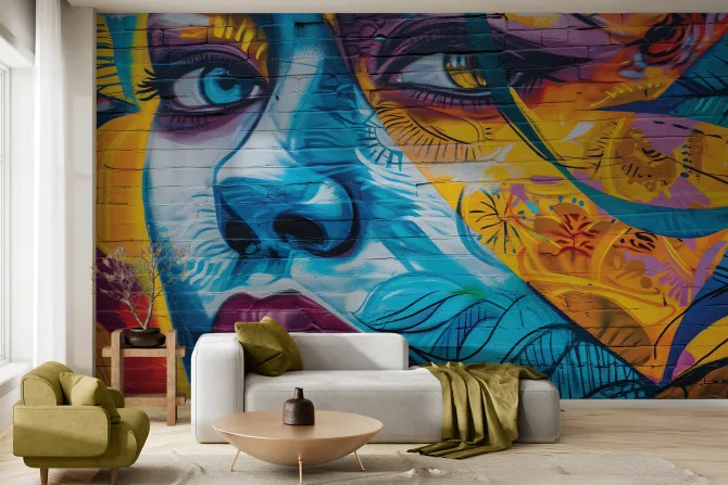 Obraz: Twarz kobiety na kolorowym ceglanym murze