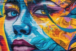 Obraz: Twarz kobiety na kolorowym ceglanym murze