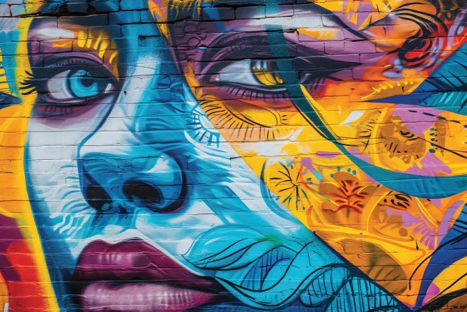 Obraz: Twarz kobiety na kolorowym ceglanym murze