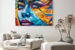 Obraz: Twarz kobiety na kolorowym ceglanym murze