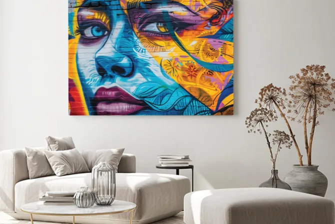 Obraz: Twarz kobiety na kolorowym ceglanym murze