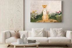 Obraz: Uroczy gepard dziki kot na kamieniu i egzotyczne kwiaty