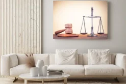 Obraz: Wagi prawa, sędzia młotek na stole. symbol sprawiedliwości