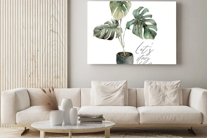 Obraz: Watercolor lets stay home card with monstera. isolation during