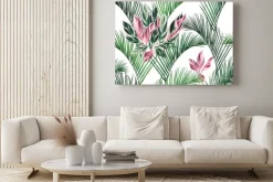 Obraz: Watercolor painting colorful coconut,green,pink leaves seamless