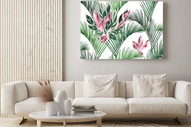 Obraz: Watercolor painting colorful coconut,green,pink leaves seamless