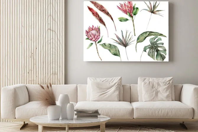 Obraz: Watercolor tropical set with protea and palm leaves. hand painted