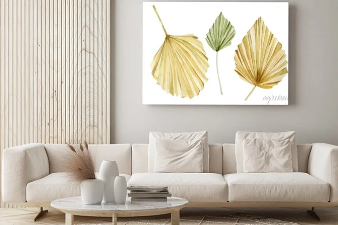 Obraz: Watercolor tropical floral set. glomour golden color leaves in