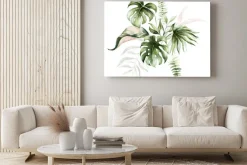 Obraz: Watercolor tropical floral bouquet - green & blush leaves. for