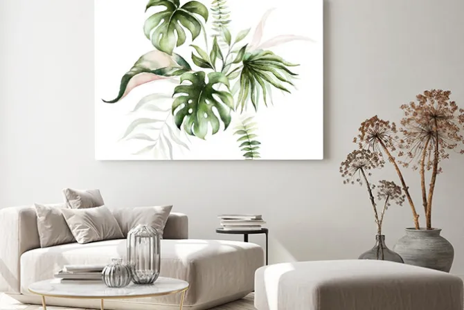 Obraz: Watercolor tropical floral bouquet - green & blush leaves. for