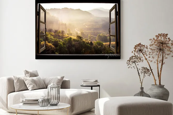 Obraz: Widok z okna na słoneczny krajobraz