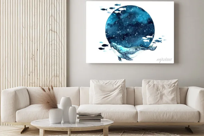 Obraz: Wieloryb i ryby w artystycznej kompozycji z księżycem