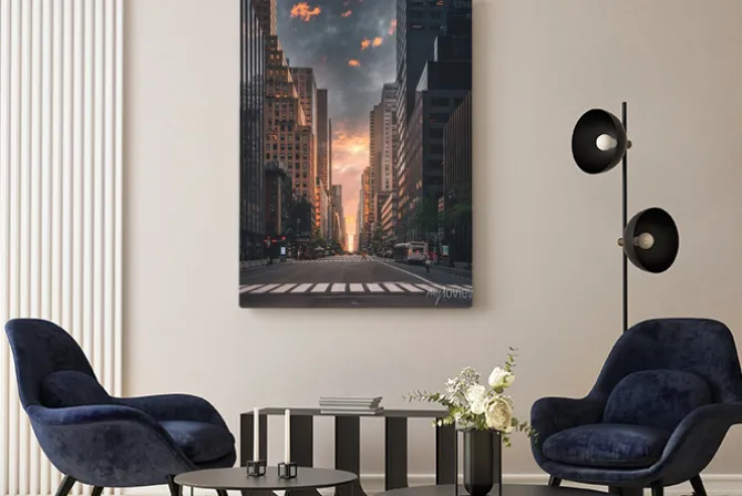 Obraz: Wieżowce w nowym jorku o zachodzie słońca