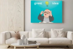 Obraz: Świetny pomysł, dziecko z książką i żarówki nad głową