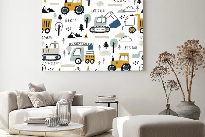 Obraz: Wzór z ciężarówkami i koparkami