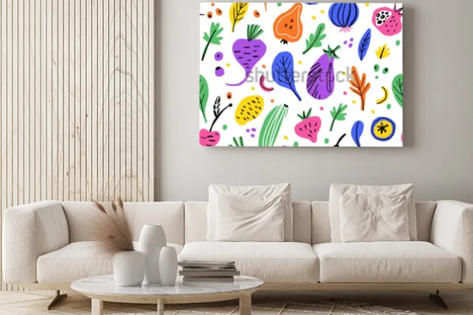 Obraz: Wzór z owocami i warzywami na białym tle