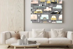 Obraz: Wzór z uroczych samochodów. cartoon samochody, włazy drogowe,