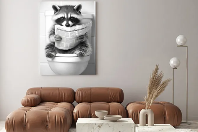 Obraz: Zabawny szop z gazetą na toalecie