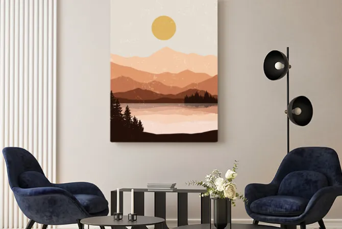 Obraz: Zachód słońca nad górami krajobraz w stylu boho