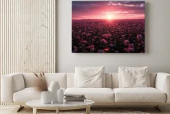 Obraz: Zachód słońca z różowym niebem nad łąką pełną kwiatów
