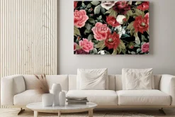 Obraz: Złożony kwiecisty wzór z różowymi różami i peoniami na szerokim