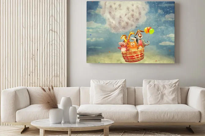 Obraz: Zwierzątka lecące balonem z dmuchawców