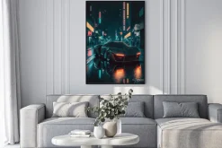 Plakat: A car driving down a city street at night, cyberpunk, futuristic