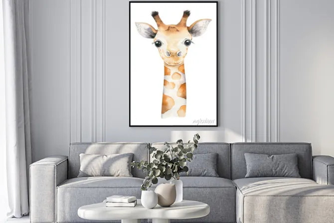 Plakat: A poster with a baby giraffe. watercolor cartoon giraffetropical