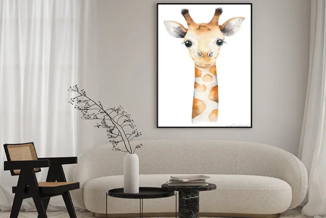 Plakat: A poster with a baby giraffe. watercolor cartoon giraffetropical