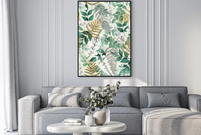 Plakat: A seamless representation of watercolor leaves on a yellow background