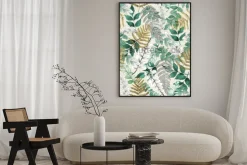 Plakat: A seamless representation of watercolor leaves on a yellow background