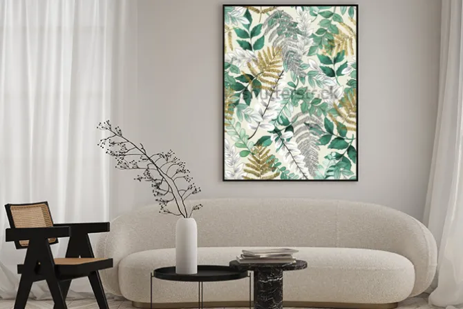 Plakat: A seamless representation of watercolor leaves on a yellow background