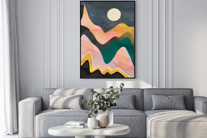 Plakat: Abstract mountains, night sky and moon. hand drawn colorful illustration