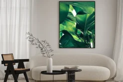 Plakat: Abstract tropical green leaves pattern on white background, lush