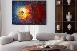 Plakat: Abstrakcyjna moneta w ogniu na abstrakcyjnym tle